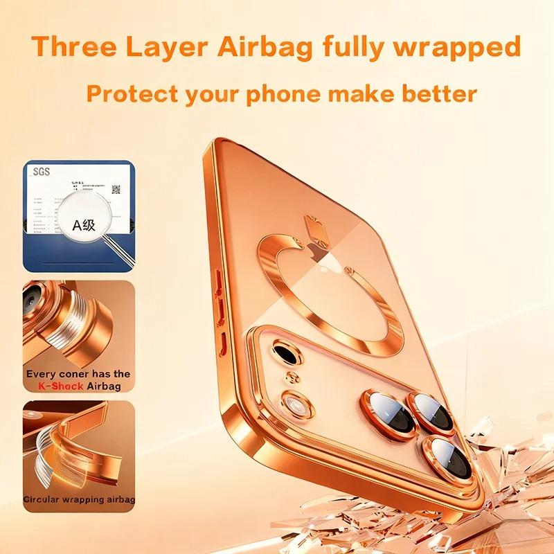 Luxury Plating Magnetic Clear Phone Case For iPhone 17 16 15 14 13 Pro Max 17 Air For Magsafe Lens Protection Shockproof Cover