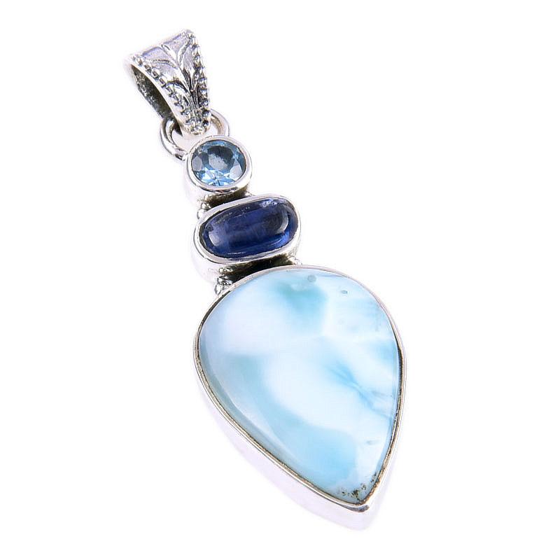 Natural Republic Larimar,Kyanite Gemstone 925 Solid Silver Pendant 1.75'' B7M18
