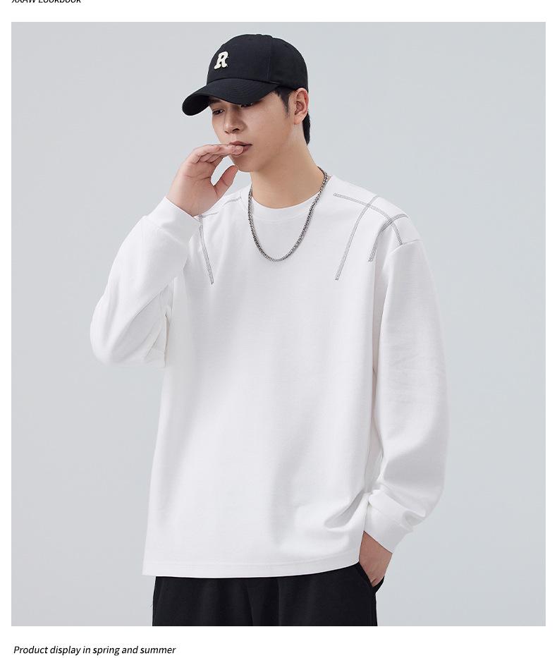 Mu Qiu Menswear | 2026 Spring Trend: Men's Loose Fit Round Neck Long Sleeve T-Shirt with Contrast Stitching