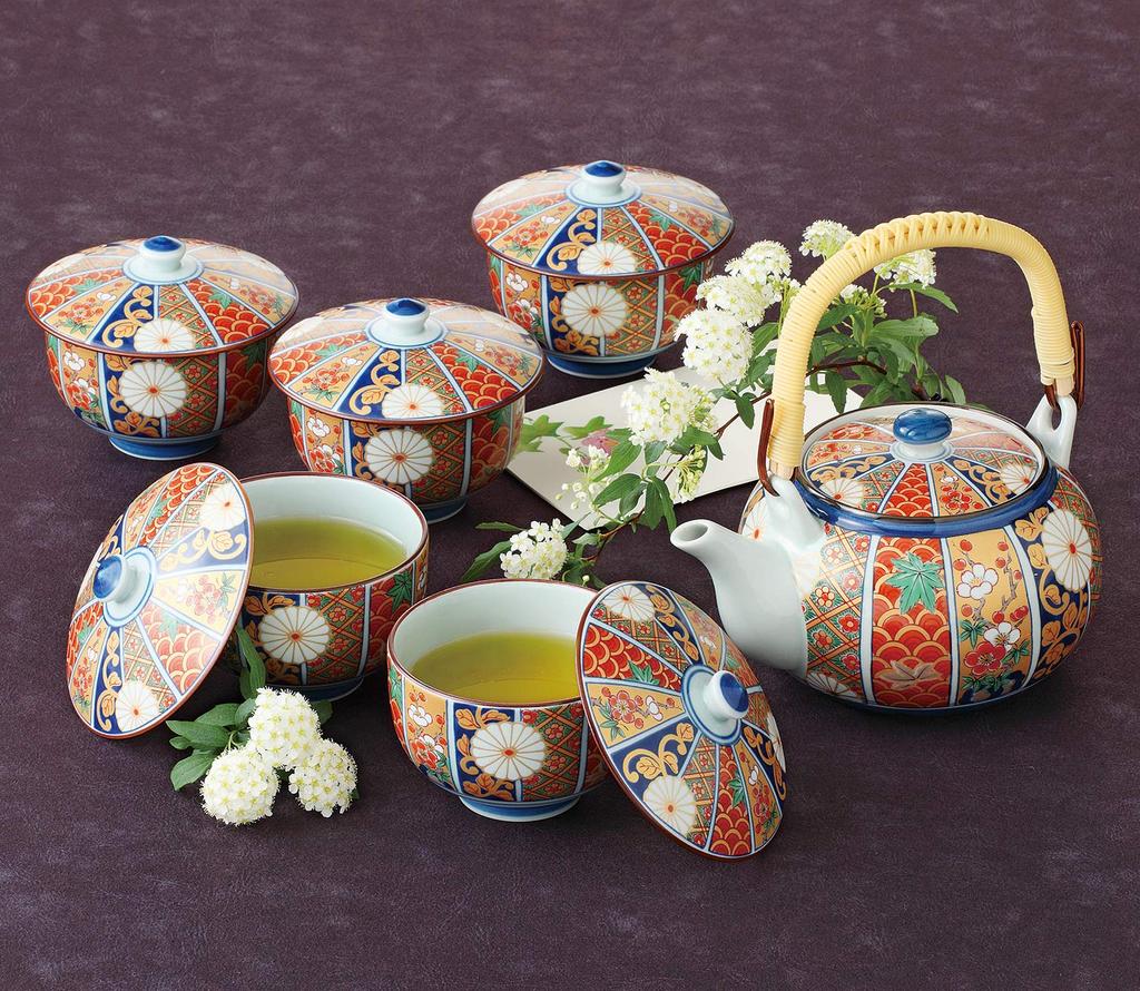 Saikaitoki (Saikaitoki) Teacup Set, Dyed Nishiki Design, Hasami Ware with Lid, Gold-Lattice, Old Imari, 52662