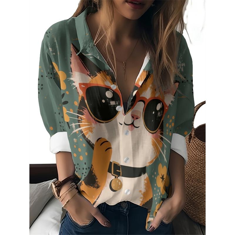 Damen Revers Hemd Tops Lässig Langarm Knöpfe Hemden Damen Tops Lustiges Katzenmuster Damenhemden Damen