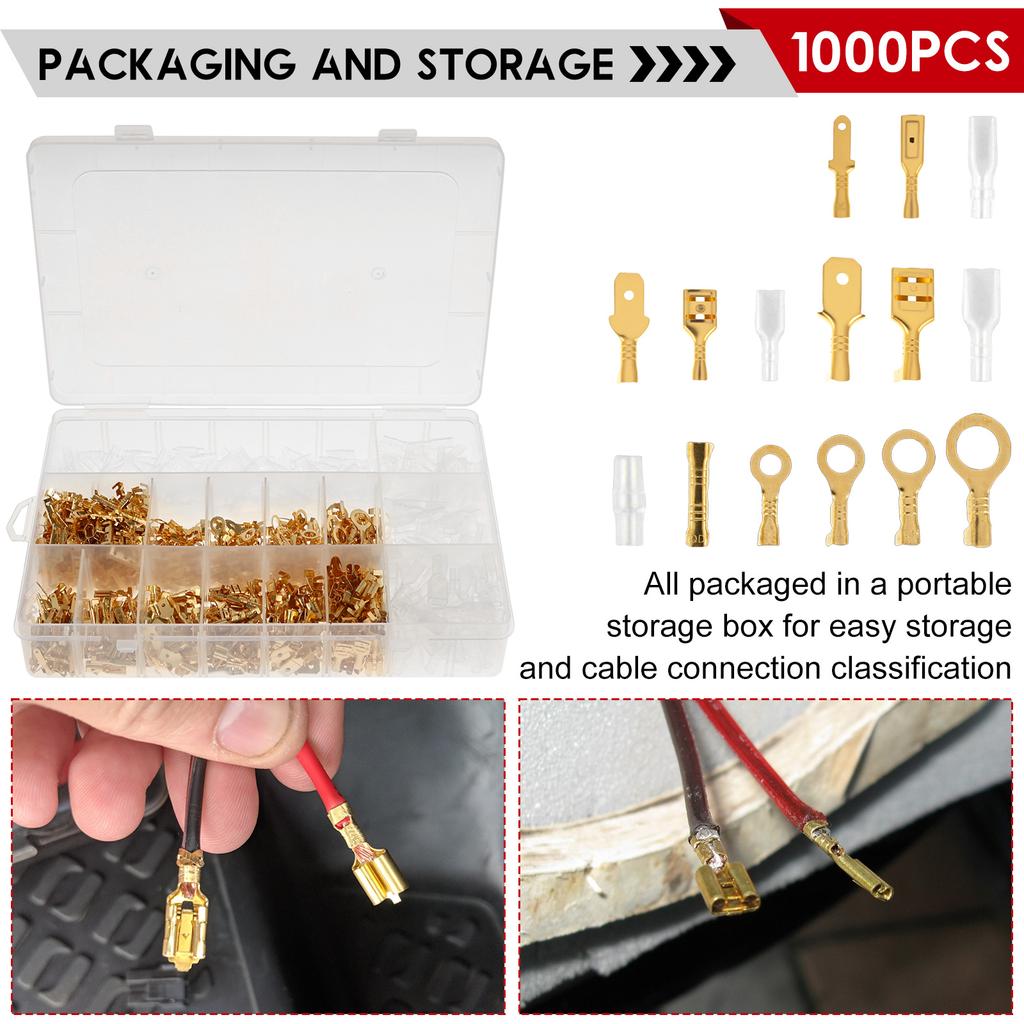 1000Pcs Brass Wire Connector Kit Good Conductivity Cable Terminal Set Excellent Insulation Brass Wire Lug for Car Truck Boat