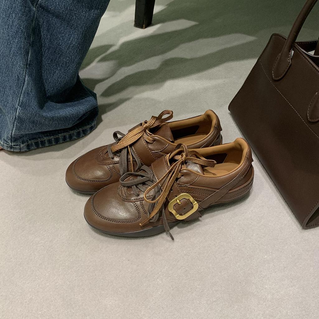 Retro Double Shoelaces, Belt Buckles, Soft Leather Round Head, Versatile German Training Shoes, Women's 2025 Autumn New British Style Small Leath