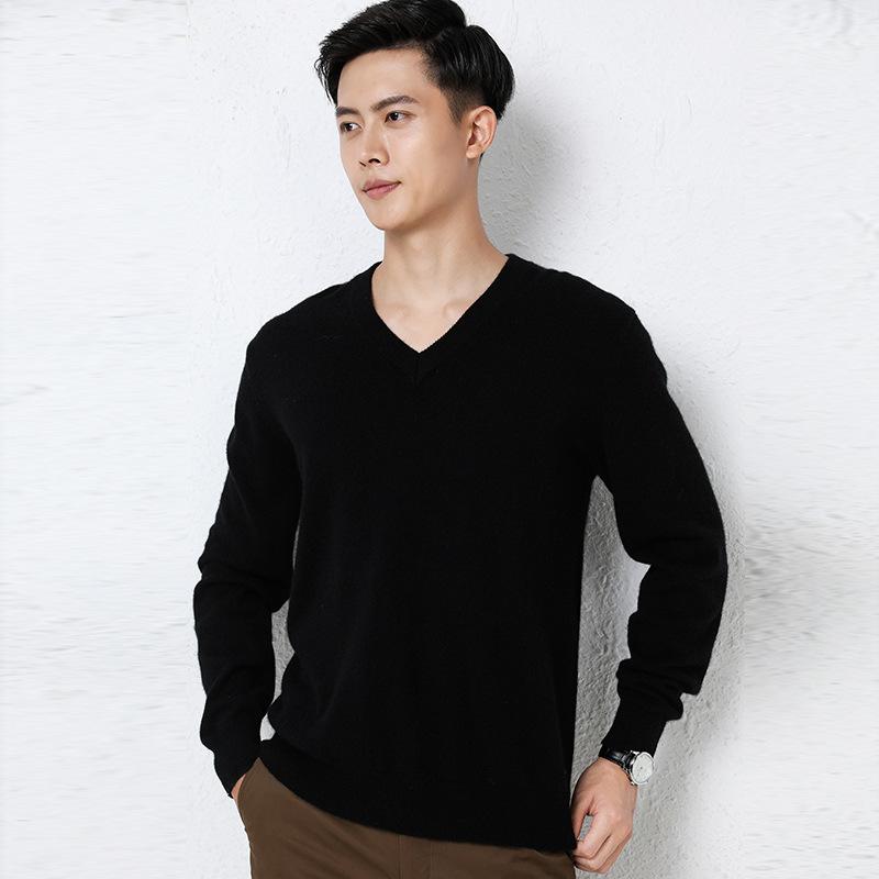 Men's Autumn Winter Knit Sweater V Neck Pullover Undershirt Casual Business Loose Fashion Solid Long Sleeve