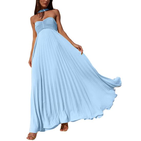 

Женское платье-макси без бретелек с открытыми плечами, плиссированное длинное платье с шейным платком, летнее струящееся вечернее платье для коктейльной вечеринки или выпускного вечера XL озеро синий