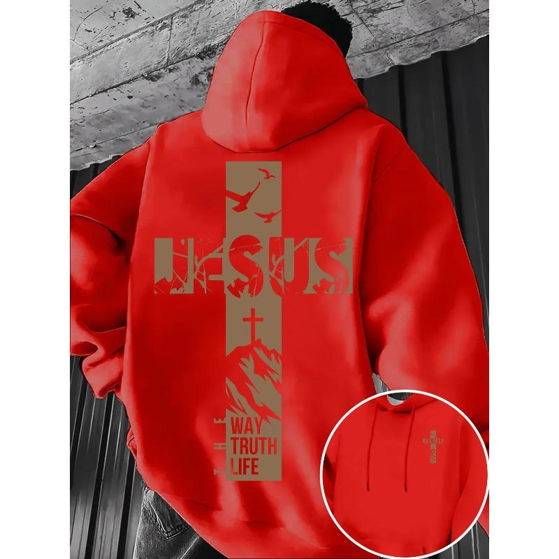 Men Autumn Winter Fleece Hoodie Jesus Cross The Way Truth Life Back Print Hooded Sweatshirt Streetwear Long Sleeve Daily Life