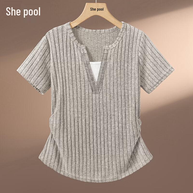 Women s Pleated Waist Faux Two-Piece Short Sleeve T-Shirt L рисовый серый