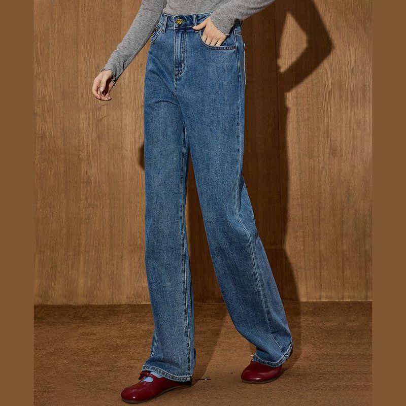 Coolhut2025 Autumn and Winter New High-Waisted Versatile Straight-Leg Jeans Retro Style Women's Slimming Wide-Leg Pants
