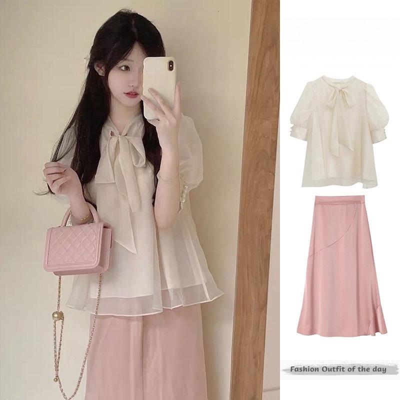 Summer Chic French-Style Bowknot Top & Skirt Set Large