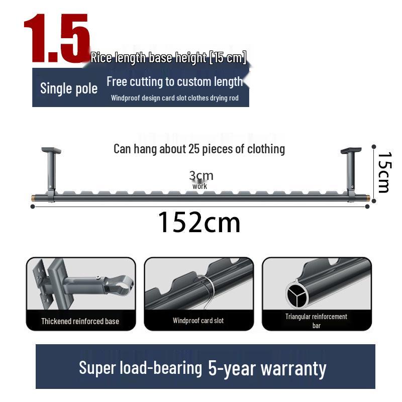 Aluminum Windproof Balcony Drying Rod - Top-Mounted, Hole-Punching Design for Secure Clothes Hanging