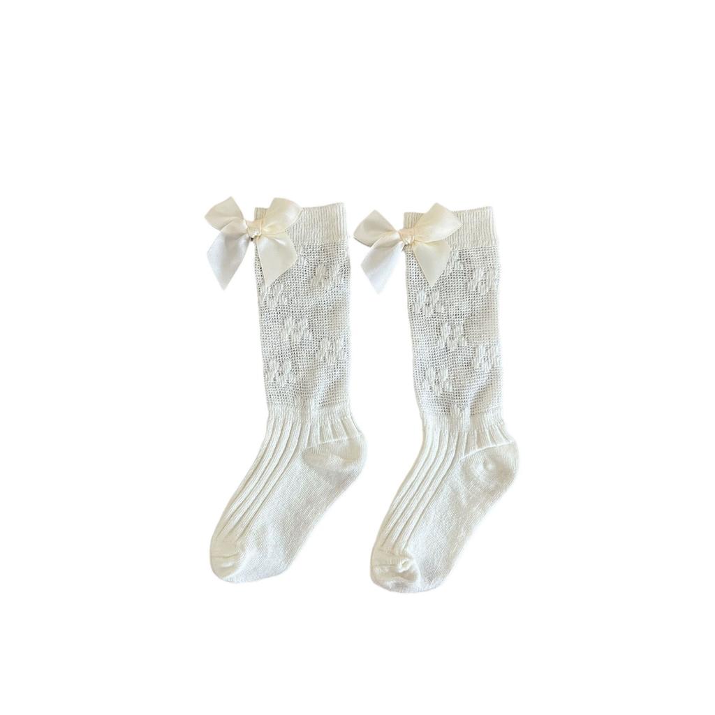 Letní nový styl dětské ponožky dětské kartáčované hedvábné síťované podkolenky bílá mašlička princeznovský styl taneční ponožky