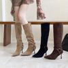 2025 autumn and winter new European and American belt buckle thin high heel pointed suede high boots solid color one-pedal knight boots