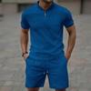 Men's Casual Waffle Half-Zip Short Sleeve Shorts Set - European & American New Style