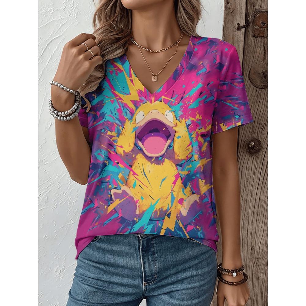 Multi pattern V-neck short sleeved T-shirt, fashionable women's T-shirt, printed basic top, street wear, summer oversized clothing, women's T-shirt