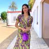 European and American women's clothing fashion pleated printed long dress elegant slim V-neck short-sleeved dress