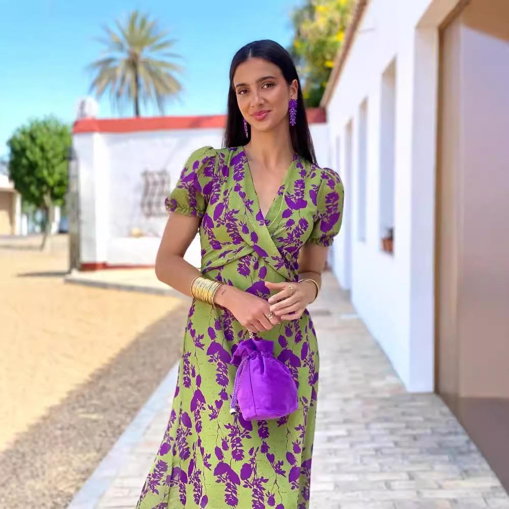 European and American women's clothing fashion pleated printed long dress elegant slim V-neck short-sleeved dress