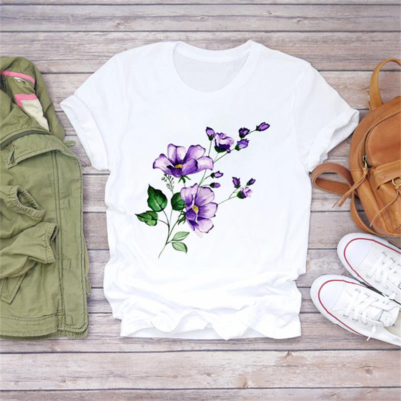 Casual Flower Graphics Women's T-Shirt 90S Summer Blouse Short Sleeves Tees Loose White O-Neck Shirts Female Tops Kpop Clothing