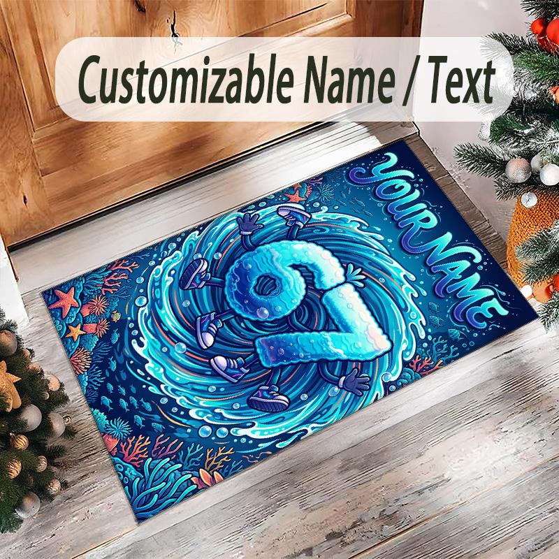 Mermaid Underwater Theme Crystal Velvet Rug Personalized Custom Name Text Soft Floor Mat Home Decor