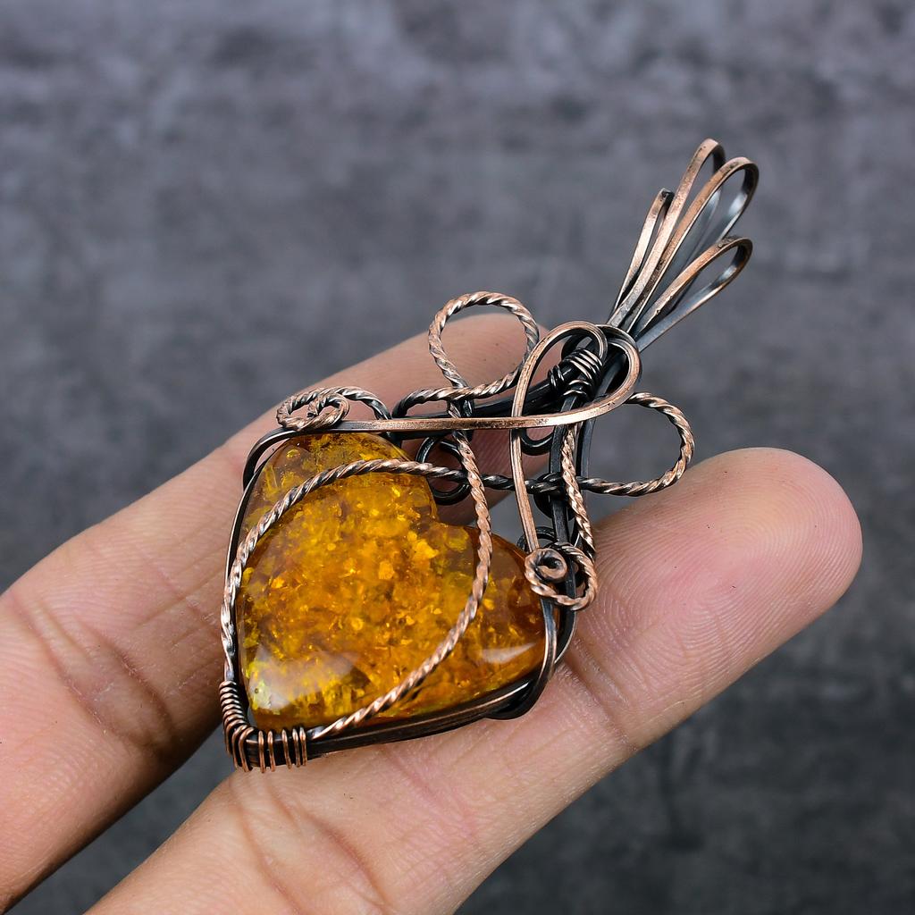 Amber Handmade Copper Wire Wrap Jewelry Pendant 2.96" S1n34