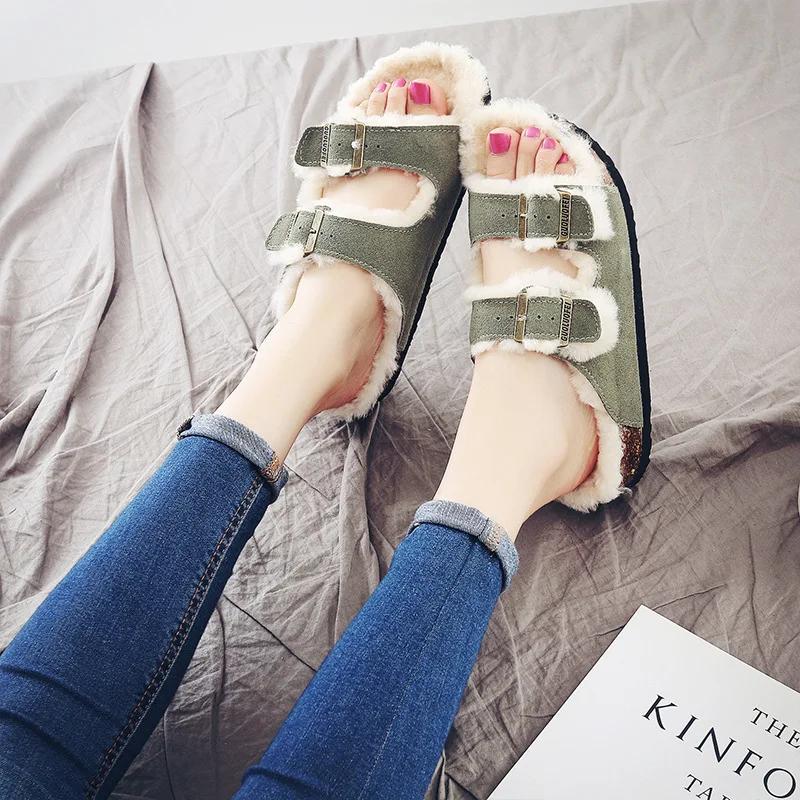 Fashion Women's Shoes Autumn Winter New Woolen Cork Women's Slippers Men's Women's Wool Half Slippers Plus Plush Cork Slippers Outside