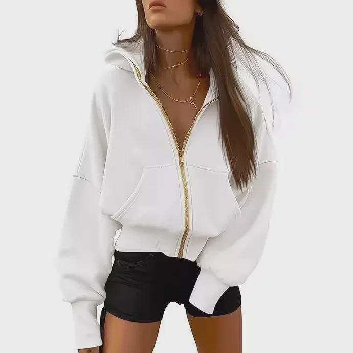 Women's Zip-Up Cropped Fleece Hoodie - 2024 Autumn/Winter Fashion