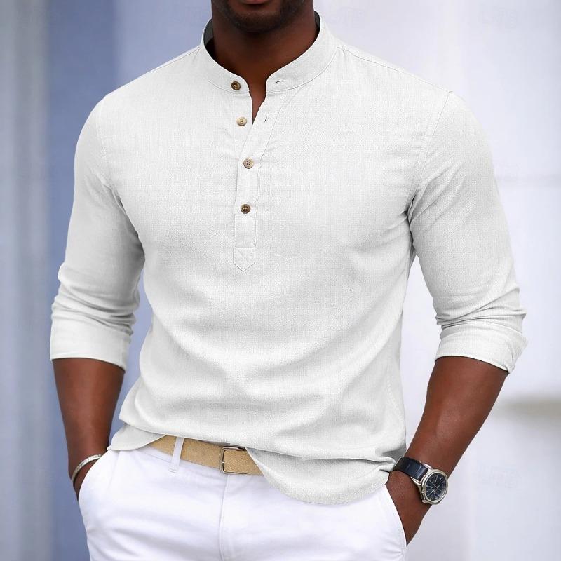 Mens Linen Blend Henley Shirt Mandarin Collar Long Sleeve Casual Top S белый