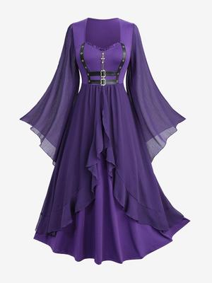 Rosegal Plus Size Cross Zipper PU Strap Buckle Chiffon Textured Flare Sleeves Ruffles A Line Dress