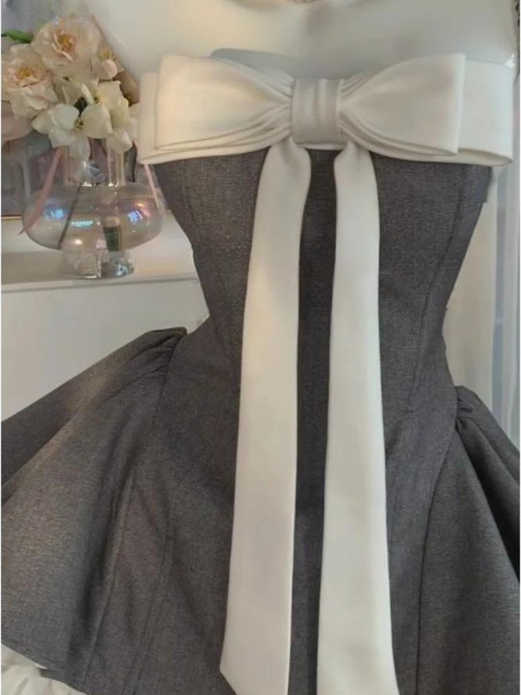 Sommer Neu Vintage Elegant Damenkleid Trägerlos Schleife Patchwork Hohe Taille Puffiges Mini-Kleid Weiblich Französisch Chic Sexy Outfits 2025