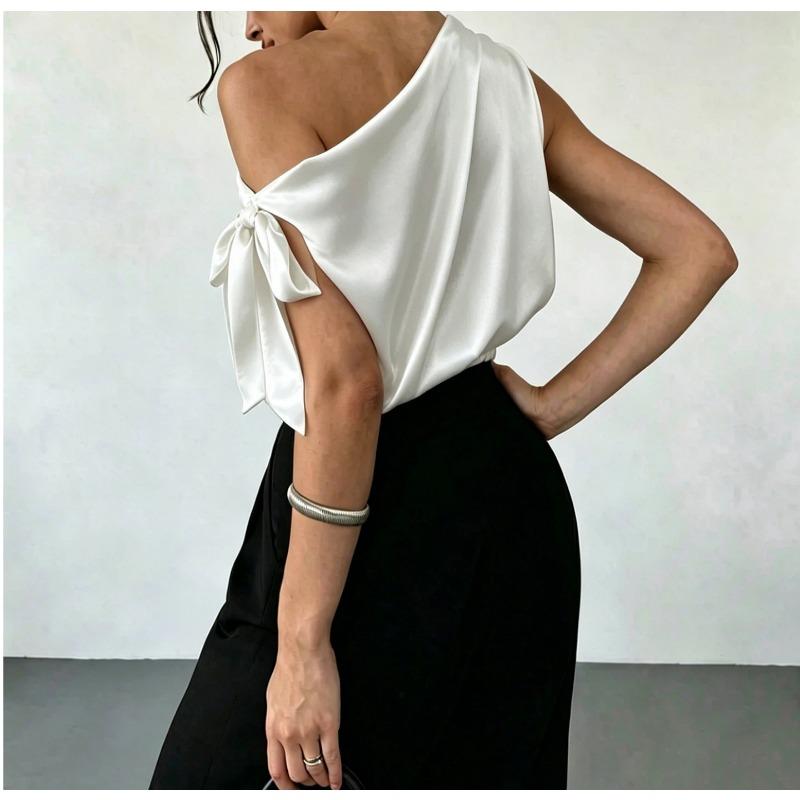 Women One Shoulder Satin Blouse With Bow Detail Elegant Sleeveless Party Tops