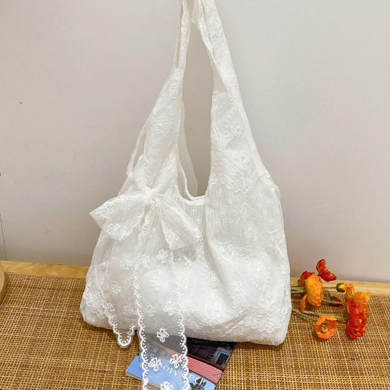 Elegant Travel Embroidery Lace Shoulder Bag Korean Style Large Capacity Women Sweet Tote Bag with Ribbons