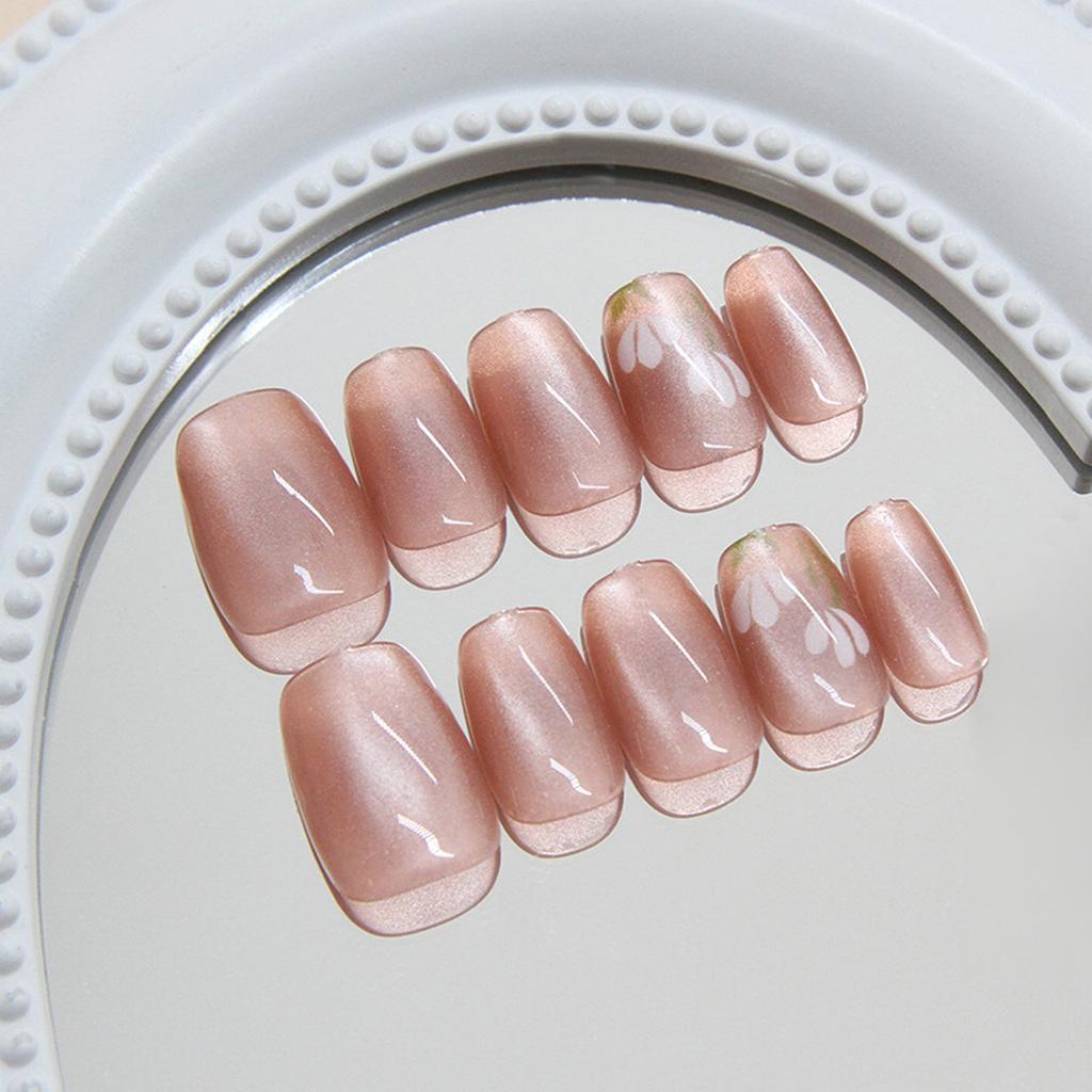 Cat Eye Press on Nails Flower Square Acrylic Fake Nails Reusable Stick on Nails for DIY Nail Art Manicure Decorations