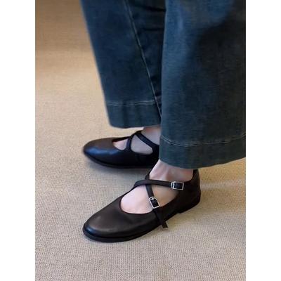 Piel de cordero súper suave~ Zapatos planos retro franceses para mujer, nuevos zapatos planos de cuero, zapatos Mary Jane con tira cruzada