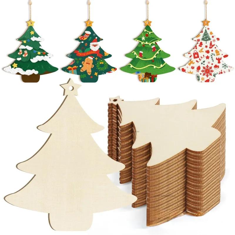 4pcs DIY Wood Christmas Ornament Unfinsihed Wooden Christmas Tree Hanging Decorations for DIY Craft Xms Home Party Decor