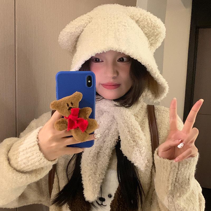 

ColdSeason Plush Cute Wool Hat for Women Simple and Versatile Outside Knitted Cold Proof and Warm Ear Protecting Style Bear Hat one size