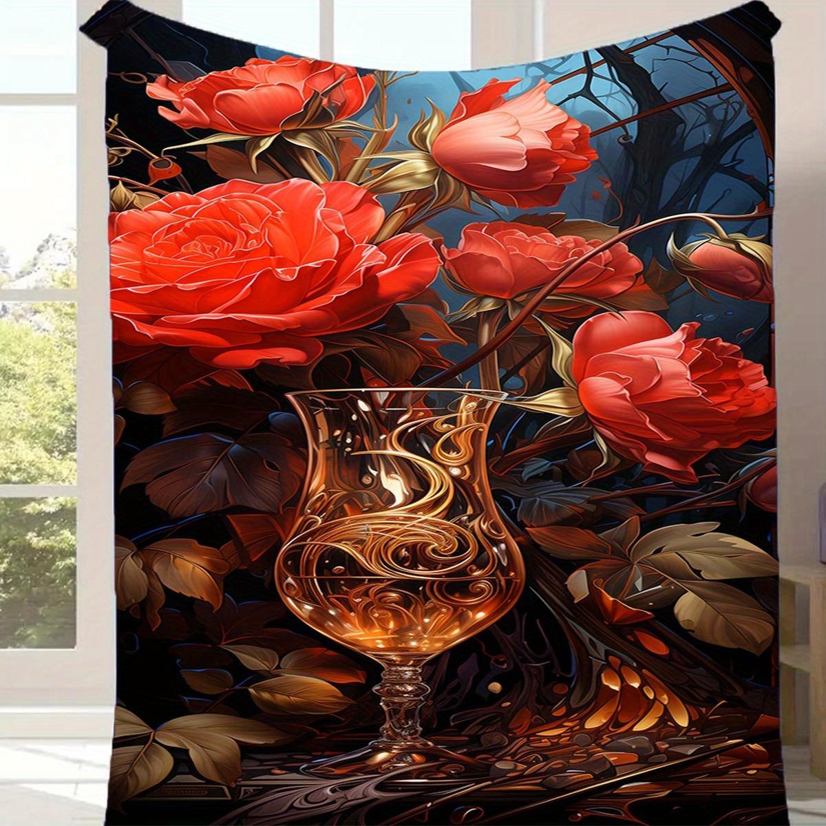 

1pc Rose Print Blanket, Flannel Blanket, Soft Warm Throw Blanket Nap Blanket For Couch Sofa Office Bed Camping Travel 130cmx150cm