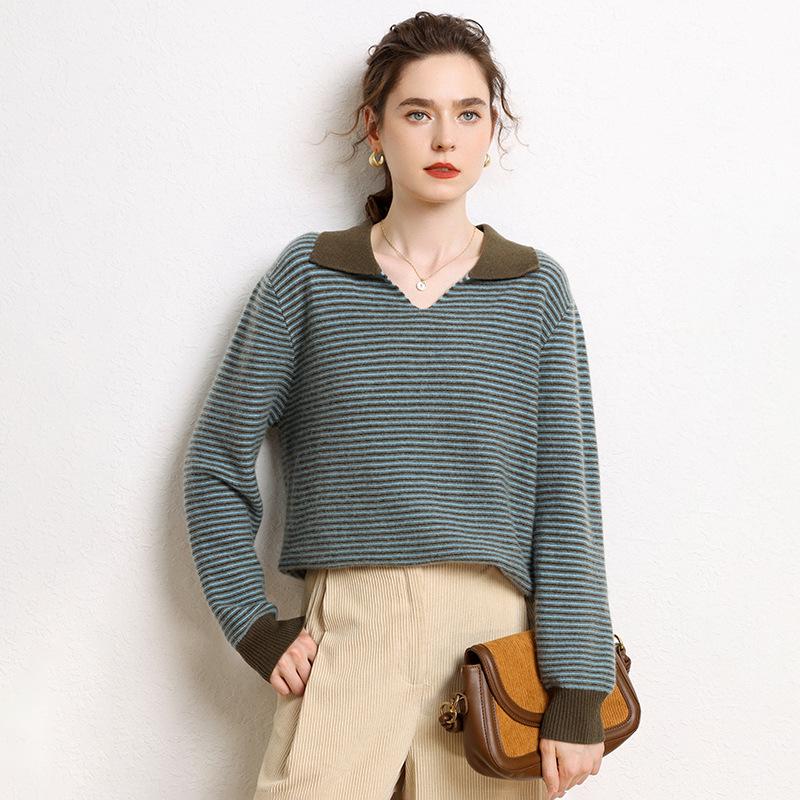 Women's Color-Block Lapel Knit Sweater: Loose Long Sleeve Stripe Base Layer for Autumn/Winter