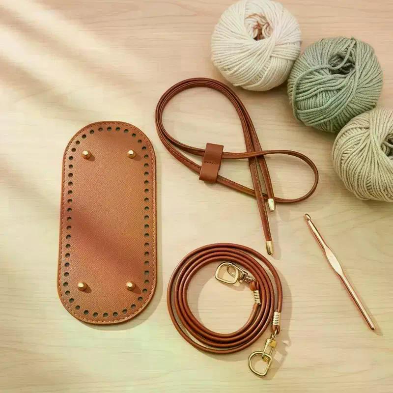 Crochet Handbag DIY Accessories Kit PU Leather Bag Base Shoulder Strap & Chain For Handmade Purse Making Supplies