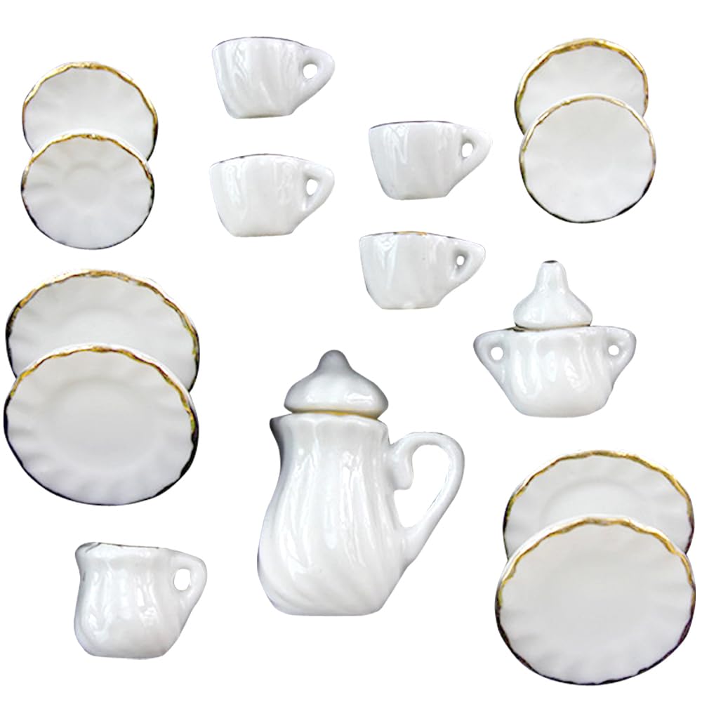 

moin moin miniature scale dollhouse tableware 15 piece set pottery plate plate accessory decoration interior simple white gold line rim cutlery pot
