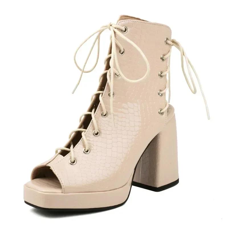 Fashion Woman Gladiator Platform Sandals Sexy Dress Party Lady Red Black Patent Leather Peep Toe Lace Up High Block Heels Shoes