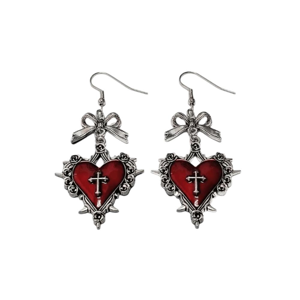 Silver Thorn Rose Drop Earrings Red Enamel Halloween Dangle Earrings Heart Cross Earrings Party красный