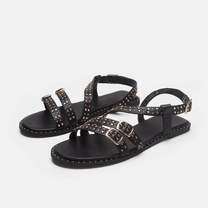 

ZA rivet buckle decoration one-word buckle with flat sandals women s black retro 40 чёрный