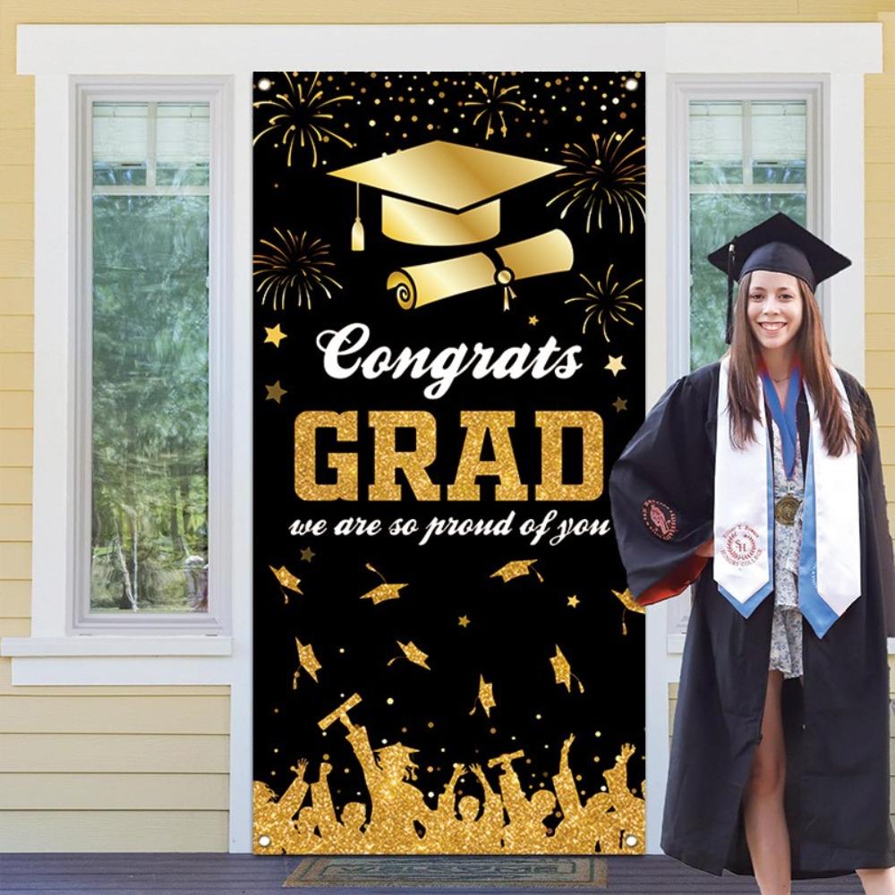 180x90cm Graduates Theme Background Black Gold Happy Graduation Banner  School Party Decor