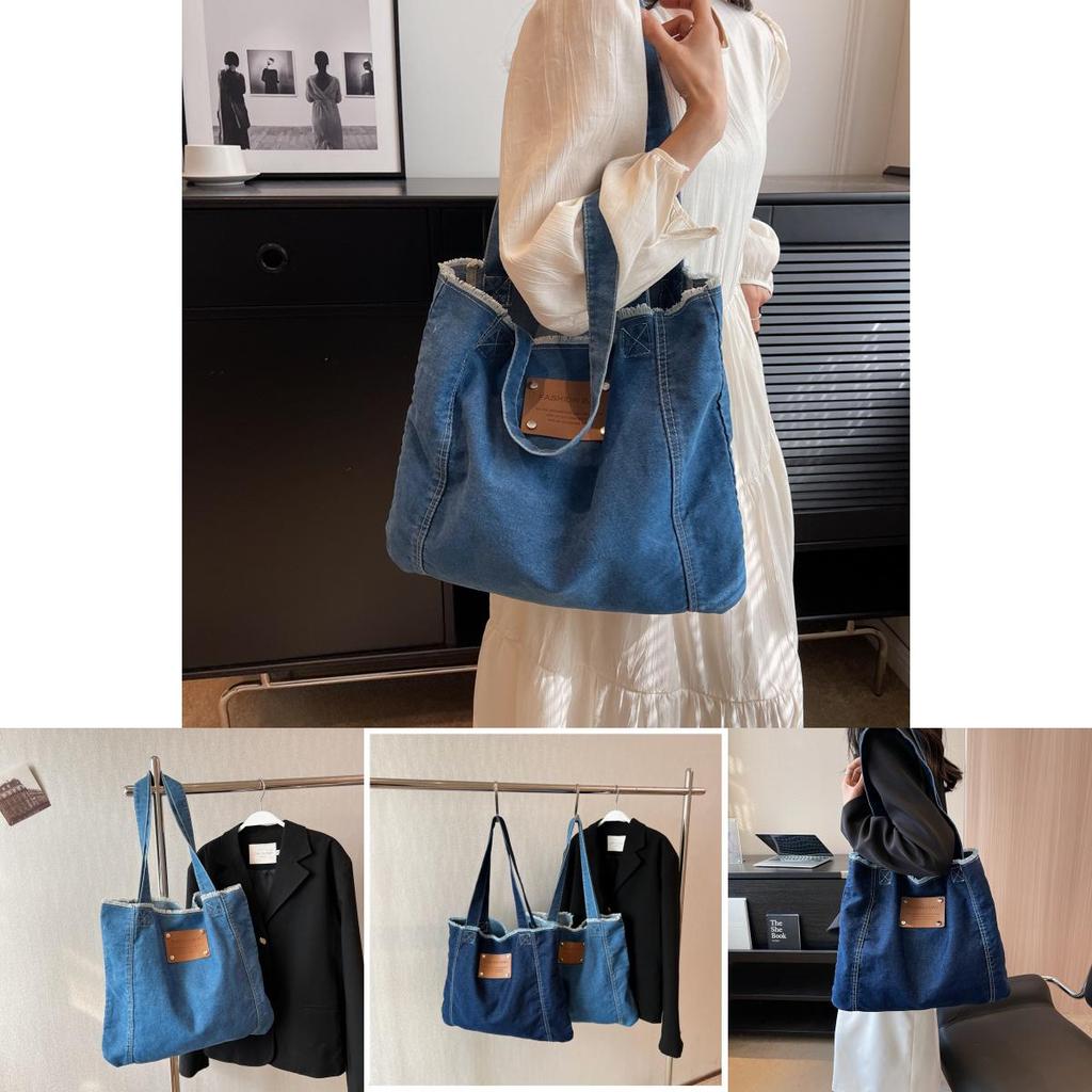 New Korean Style Denim Bag Women Harajuku Lazy Fashion Large Capacity Shoulder Bag Japanese Casual College Student Backpack Street Trend Deep Blue