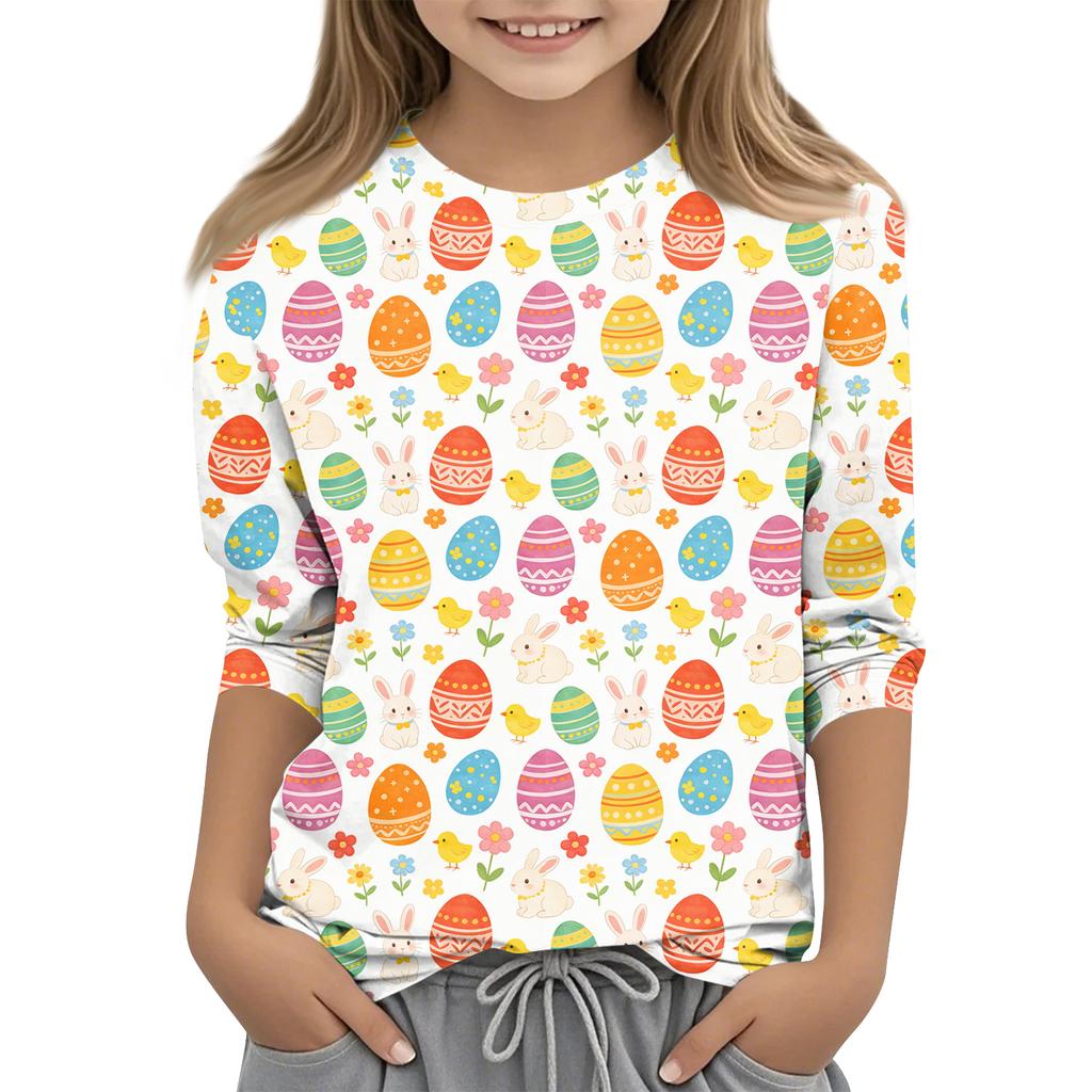 Children's Seven Quarter Sleeve Easter Print Round Neck Print Casual Top