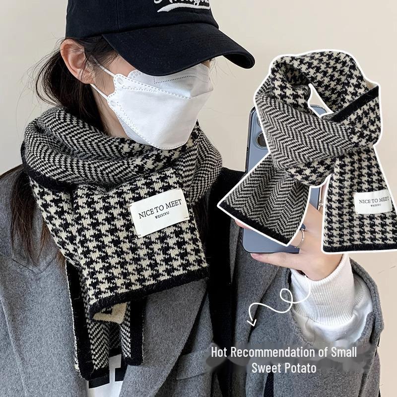 Korean-Style Houndstooth Knitted Scarf: Warm, Thick, All-Match Accessory for Autumn & Winter.