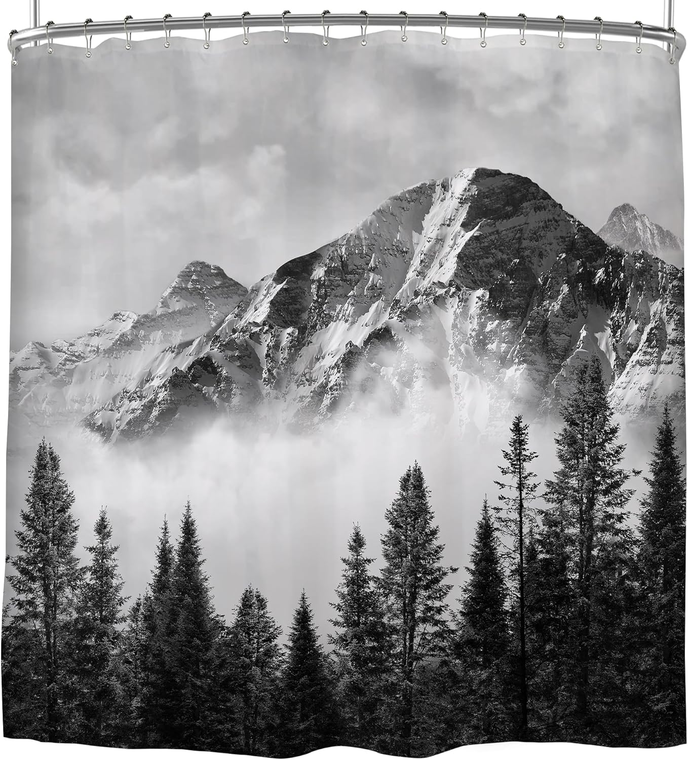 Black Mountain Woodland Hazy Shower Curtain Natural Scenery Landscape Bathroom Decorative Shower Curtain 12 Hooks W90xH180cm