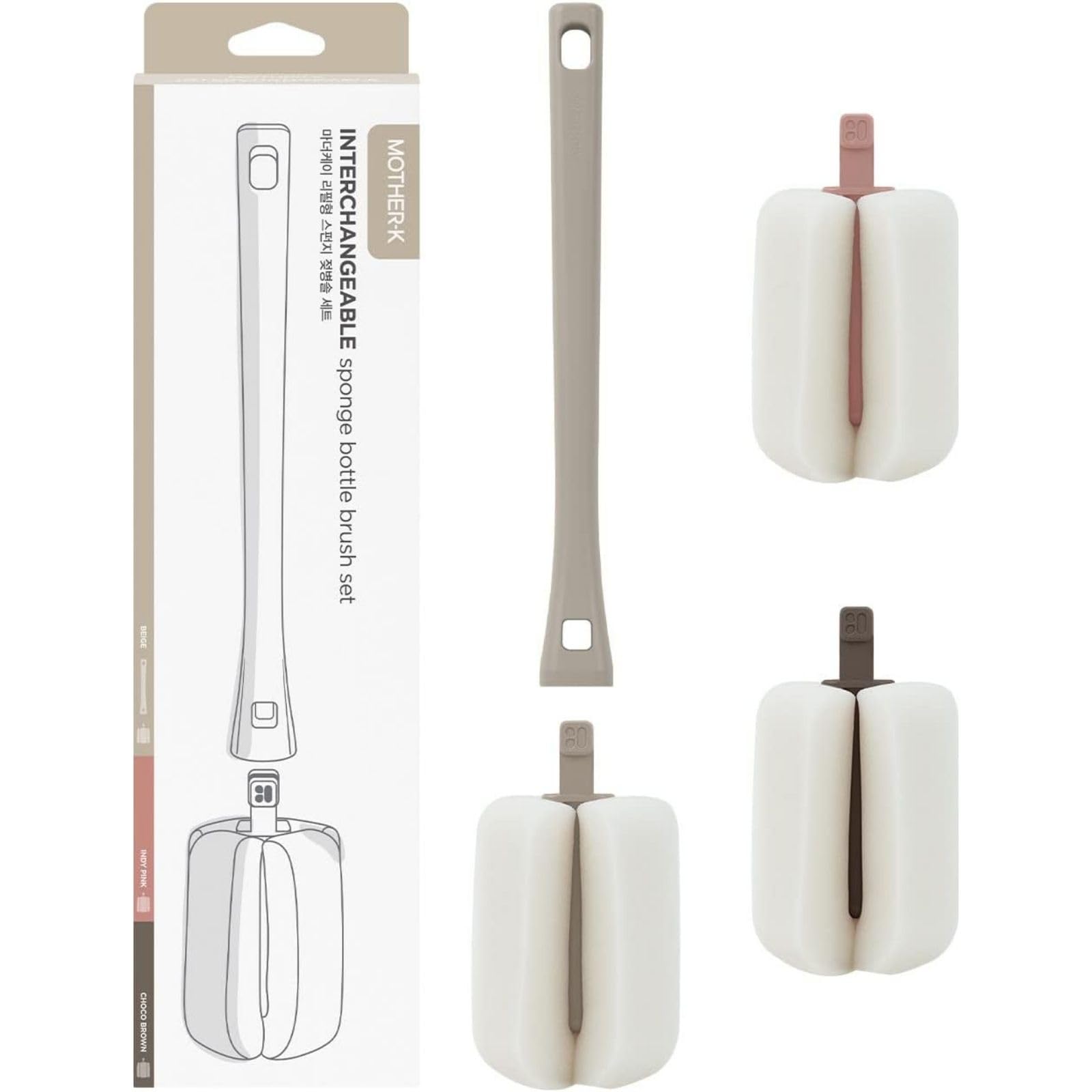 

[Authentic] MOTHER-K Baby Bottle Brush, High-Adhesion Foaming Sponge Set (1 Bottle + 3 Replacement Brush Heads), Approximately 30 x 5cm, Beige Gray,