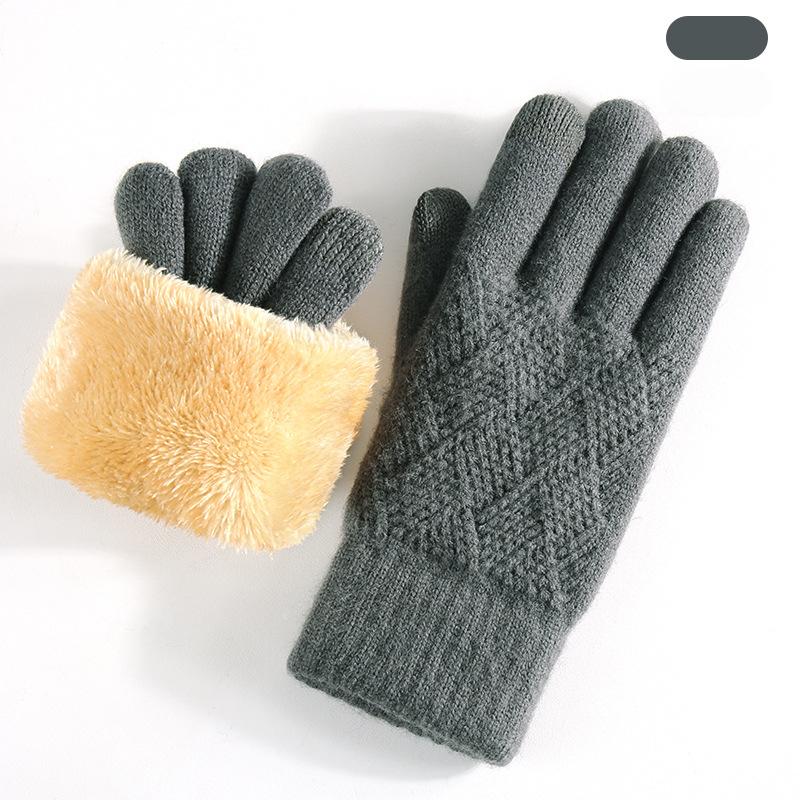 Knitted Gloves Men's and Women's Winter Double-layer Velvet Thickened Outdoor Cycling Warm Solid Color Touch Screen Gloves