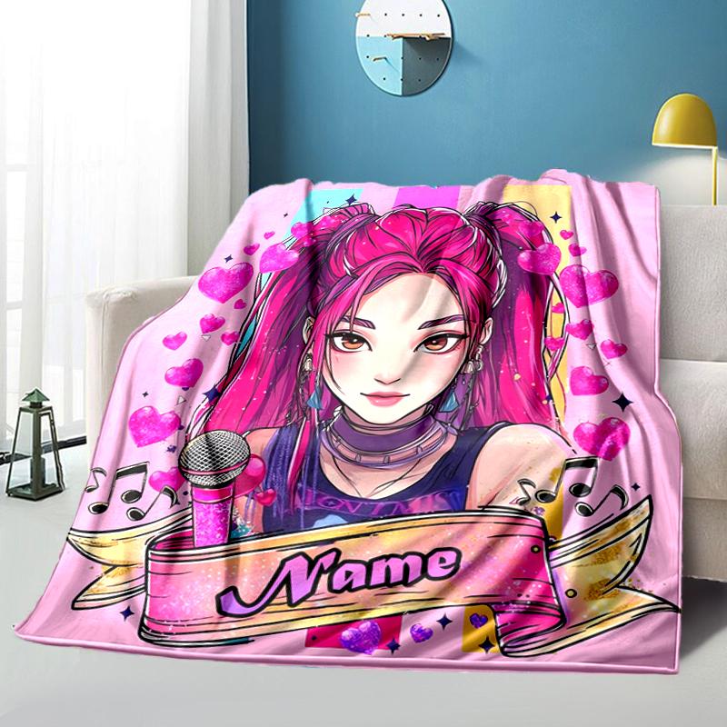 1PC Custom Name Pink Hair Hearts flannel blanket versatile, all-season throw suitable for the living room, bedroom, camping, travel, and gift