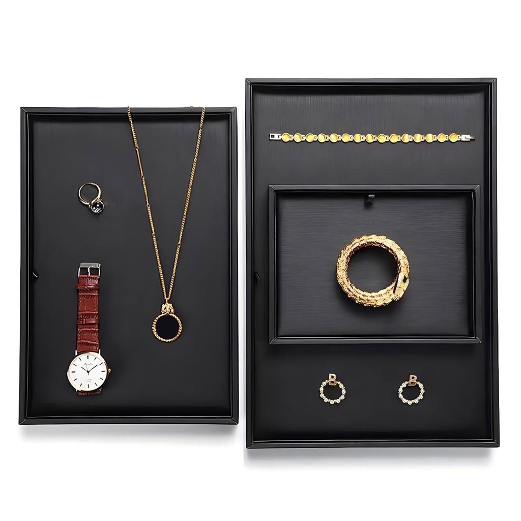 Stackable Black Jewelry Display Tray Elegant Black PU Jewelry Display Tray For Storing Rings And Necklaces Adornment
